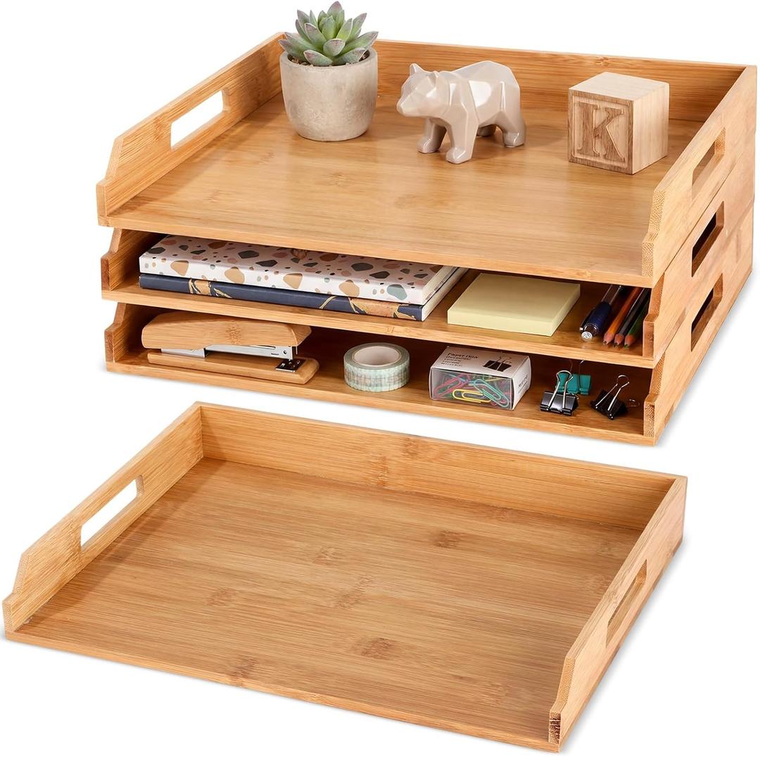 AceOrbit 2Pcs Stackable Paper Tray Bamboo Wood Desk Organizer Letter Tray 3 Tier Wooden File Organizer Desk Shelf for Documents, Letter Sorter, Envelopes and Magazine Holder
