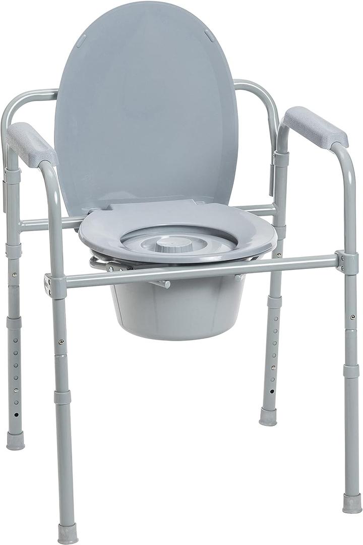 Drive Medical Folding Steel Bedside Commode Chair - 3-in-1 Portable Toilet - Adjustable Height - 350 Lb Weight Capacity - 7.5 Qt- Adult Commode - Grey