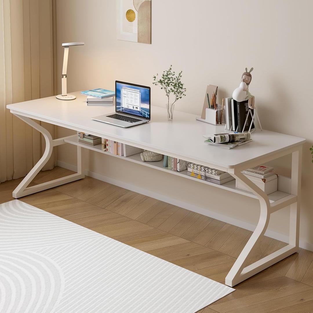 OSCHF Extra Long Desk with Bookshelf - 71" Double Long Writing Table for 2-Person Workstation, Modern Study Work Computer Desk for Home and Office, Warm White (71x23.6 inch)