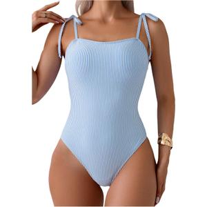 Verdusa Women's Striped One Piece Swimsuit Bow Tie Shoulder Summer Bathing Suit (Blue, XL)