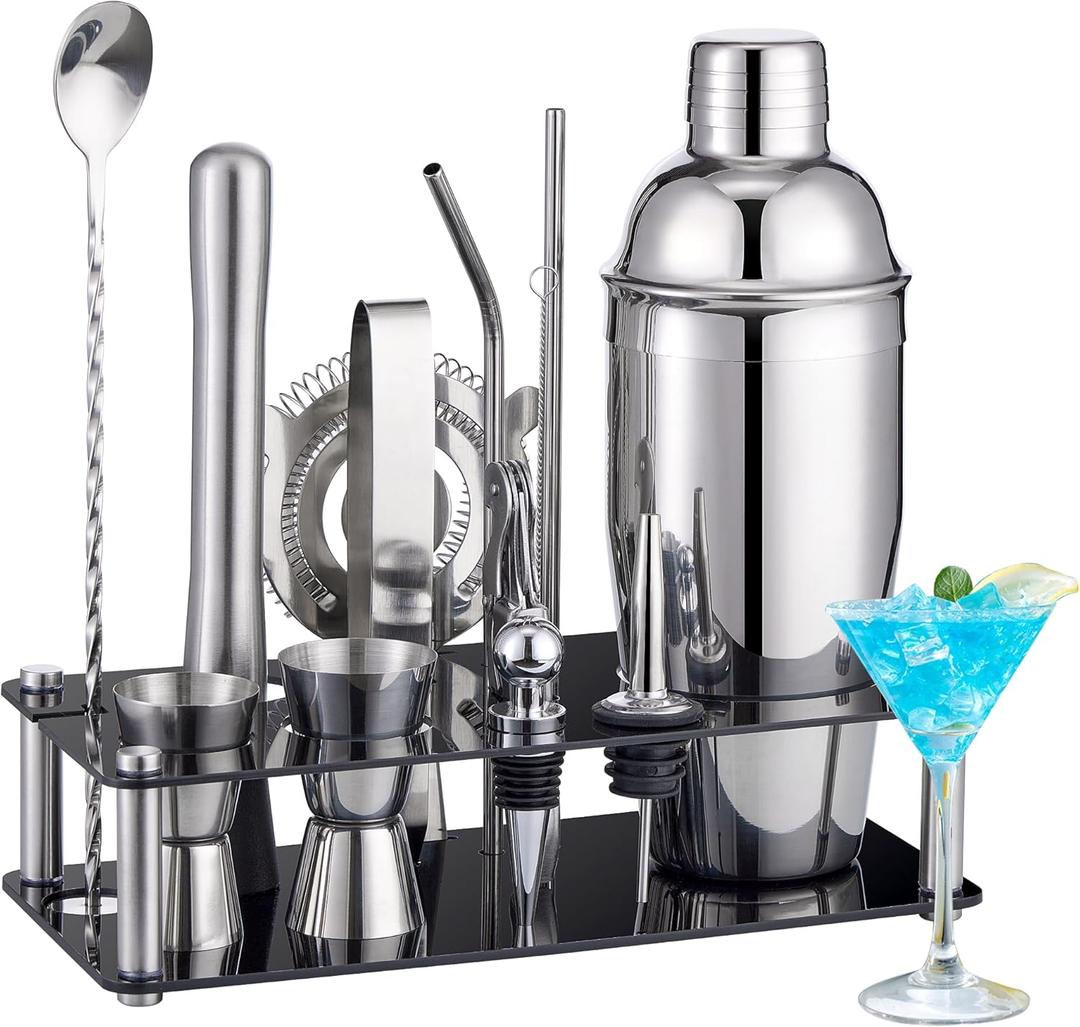 Cocktail Shaker Set Bartender Kit : 15-Piece Stainless Steel Bartender Kit with Acrylic Stand Bars Set with All Practical Bars Accessories, Bar Tools for Drink Mixing, Bar, Home, Lounge & Party