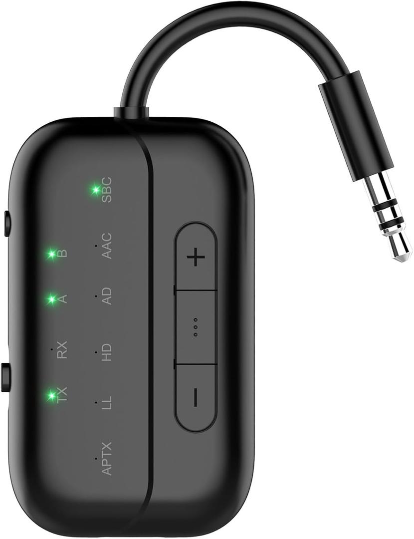 Bluetooth Transmitter Receiver, 2-in-1 V5.3 Wireless Adapter for Airplane, TV, PC, Gym, Switch. Supports up to 2 AirPods/Headphones. Audio Receiver for Car/Home Stereo,with AptX Low Latency & HD (Black)