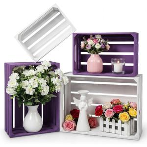 Novabright 4 Pcs Decorative Wooden Crates for Display, Purple & White Nesting Wood Crates with Handles, Rustic Farmhouse Storage Boxes for Wedding Birthday Home Decor Shelf Organization