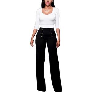 Women's Stretchy High Waisted Wide Leg Button-Down Pants Sailor Bell Flare Trousers, Black, XL