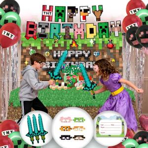 73Pcs Pixel Birthday Party Decorations for Boys, Pixel party supplies Kit, Gaming-Themed Birthday supplies Set including Banner, Tablecloth, Sword Foil Balloons, Cupcake Toppers.