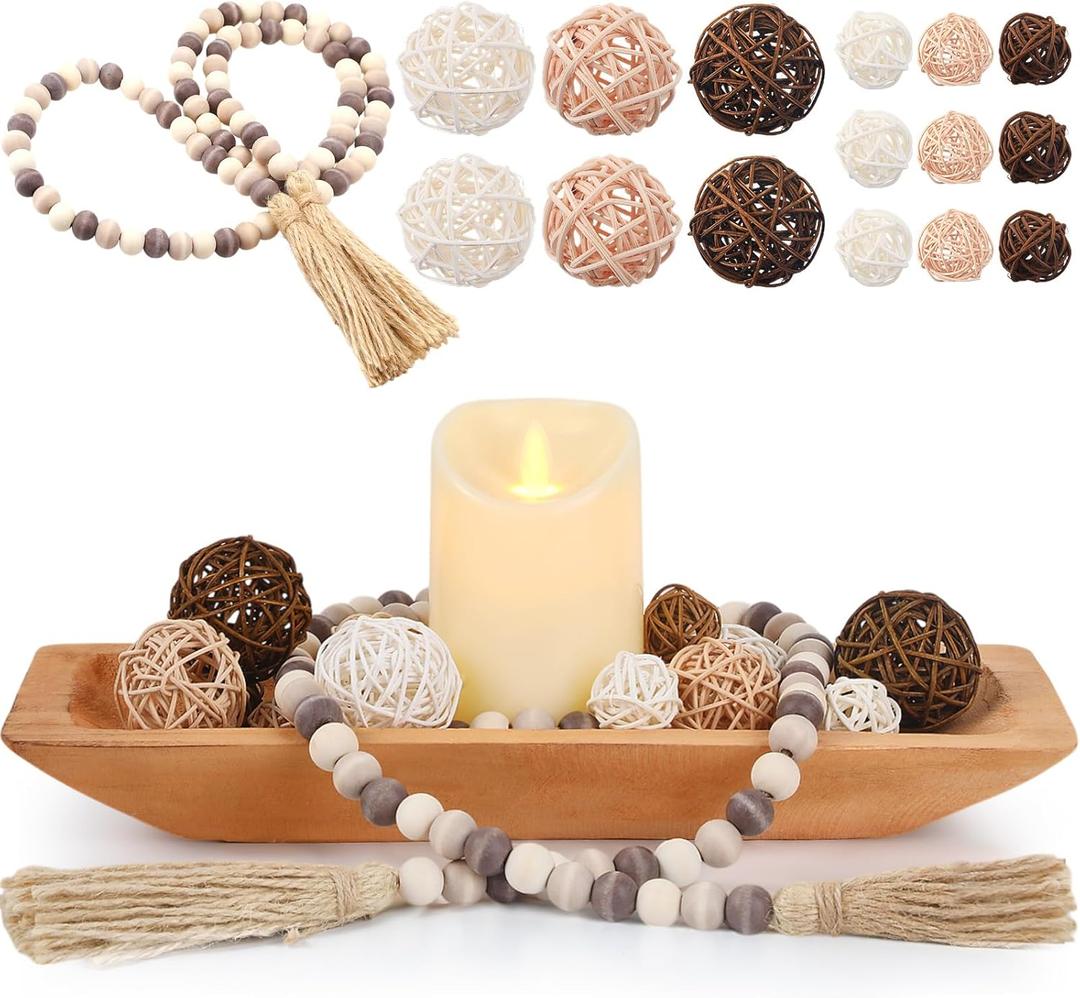 Teenyyou 17 Pcs Wooden Centerpiece Table Decorations Wood Dough Bowl Wicker Rattan Balls Beads String with Tassel Natural Decorative Tray Rustic Bowl Filler for Dining Room Kitchen (Light Brown)