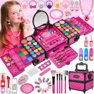 99 Pcs Kids Makeup Kit for Girls, Princess Toys Real Washable Cosmetics Set with Mirror, Hair Ties, Nails, Rings, Earrings, Necklace, Perfect for 3 4 5 6 7 8 Year Old Girls Birthday (Rose Red)