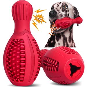 TonyEst Treat Dispensing Puzzle Dog Toy - Interactive Chew Toys for Aggressive Chewers, Durable Rubber with Squeaker & Mental Stimulation for Large Medium Small Dogs Breeds (Red Bowling Pins)
