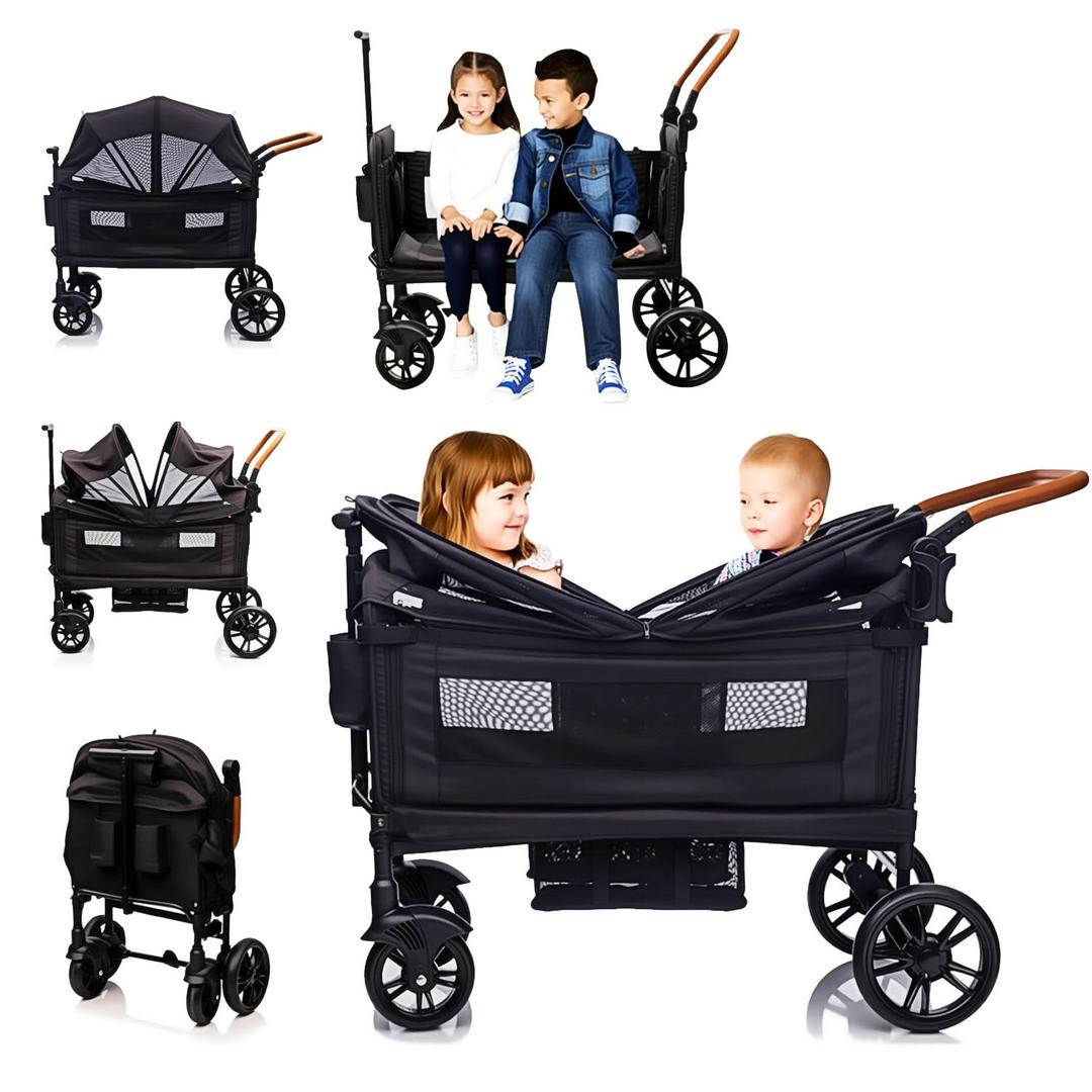 Luxury Wagon Stroller for 2 Kids & Cargo-Lightweight Foldable Travel Push Pull All-Terrain Double Wagon for Newborn&Toddler with 5-Point Harness,Adjustable Handle, Canopy,Tray Table,Cup Holder (Black)