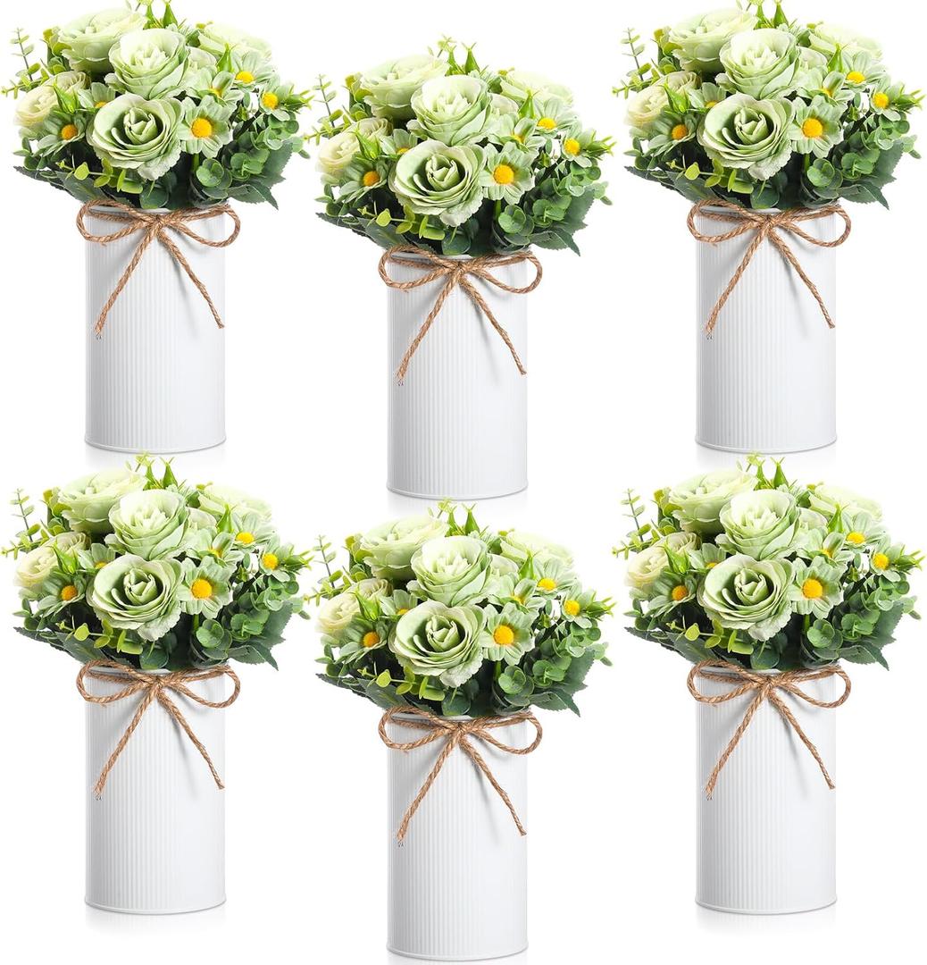 Domensi 6 Sets Wedding Centerpiece for Table Decoration Artificial Fake Rose Flowers with Metal Vase, Faux Silk Rose Bouquet Floral Arrangements for Bridal Shower Home Dining Party (Sage Green)