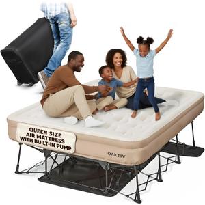 Oaktiv Queen Air Mattress with Frame, Self Inflating/Deflating Bed for Adults - PeakRest Blow Up Bed, Camping Cot with Mattress for Adults - Portable Queen with Travel Rolling Case on Wheels