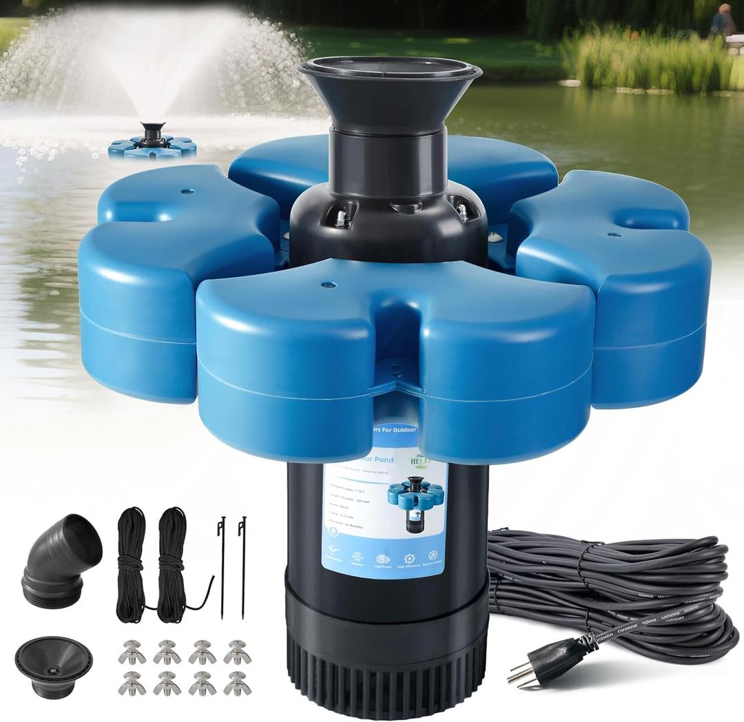 RELIY Pond Fountain Aerator, 1HP 110V 15000 GPH Fountain Pump, Fully Automatic Powerful Lake Floating Fountain, 100 FT Power Cord, 2x100 FT Traction Rope, Pond Fountains For Large Ponds (Black)