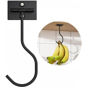 Bussdis Under Cabinet Banana Hook Foldable - Adhesive Bananas Hanger, Heavy Duty Stainless Banana Holder (13lb), Magnetic Fold-Up When Not in Use, Premium Material, Black
