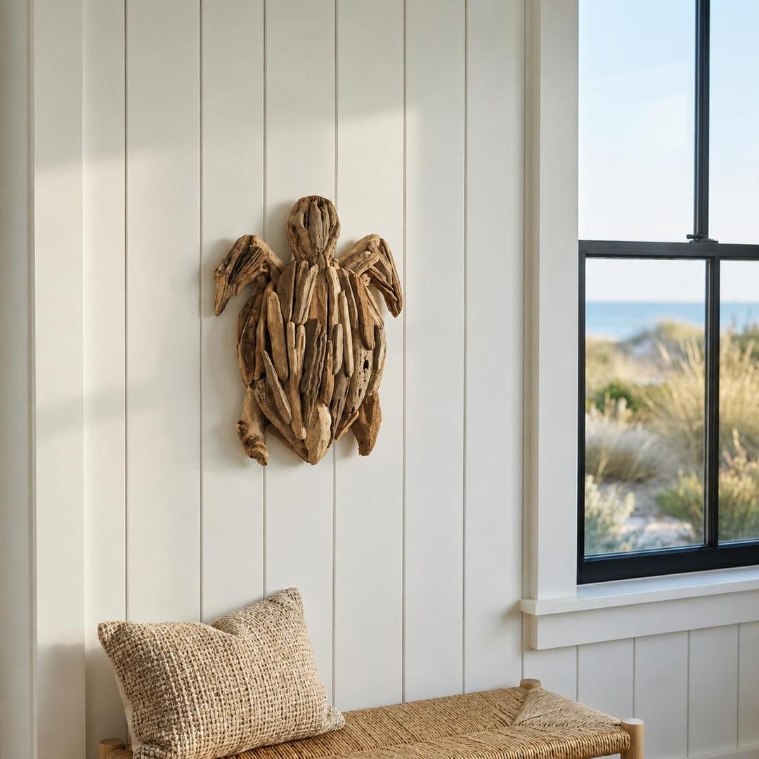 Wooden Driftwood Turtle Sculpture Relaxed Coastal Room Decor Accent, Living Room or Patio Wall Display, Organic Texture and Artful Home Decor Silhouette 16"x 22"x 3", Brown