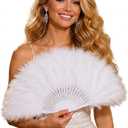 Handheld Feather Fan, 1920s Vintage Style Flapper Hand Fan for Costume Party and Dancing Flapper Hand Fan for Costume Dancing Show Tea Party Wedding Decoration (White)