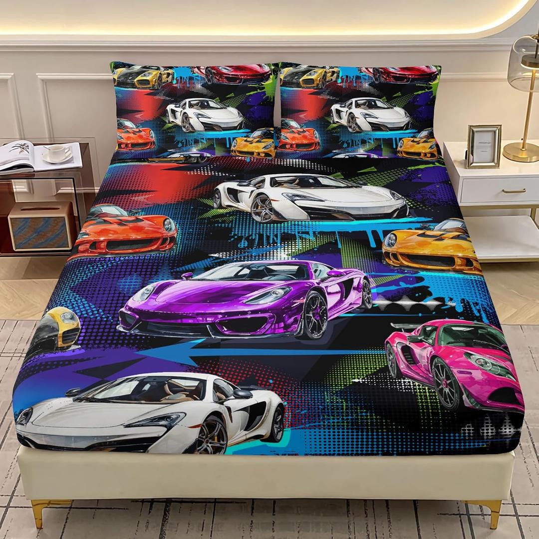 AILONEN Racing Car Fitted Sheet for Kids Boys Teen Queen Size, Extreme Sports Bedding Sets,Cool Speed Race Bed Sheet Set,Colorful Car Theme Bedsheets Set,1 Deep Pocket 2 Pillowcases,3 Pcs