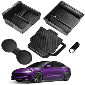 TSLDRV Center Console Organizer Tray for Tesla Model Y Juniper Accessories 2025 2026/ For Tesla Model 3 Highland Accessories 2024 2025 2026 [Slide Smoothly/ US Patent] Cup Holder Matte Black