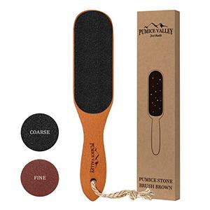 Pumice Stone Foot File - Wooden Pedicure Feet Scrubber with Handle for Callus, Dry, and Dead Skin Removal - Heel Scraper for Feet, Hands, and Body - Foot Filer for Use in Shower, Brown