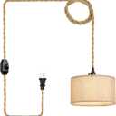 Plug in Pendant Lights Fabric Hanging Lamp Kit with Dimmable Switch 15 Ft Long Hemp Rope Farmhouse Pndant Light Cord Lighting Fixture DIY Hanging Light (Drum 1 Pack)