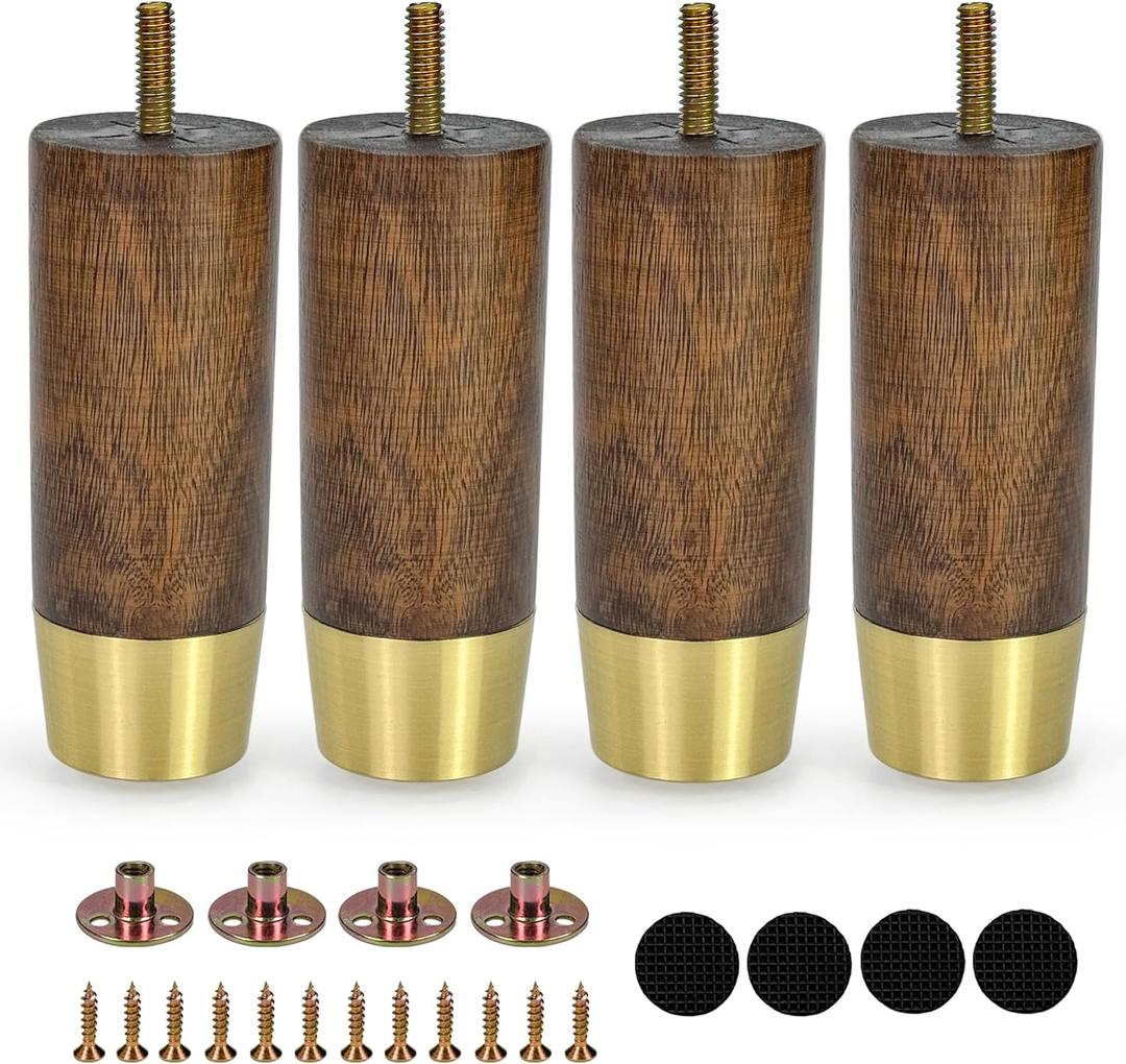 5 Inch Wooden Furniture Legs with Gold Cap Set of 4 Sofa Replacement Solid Wood Furniture Feet for Armchair Couch Cabinet Dresser Ottoman TV Stand Bed Legs (5inch)