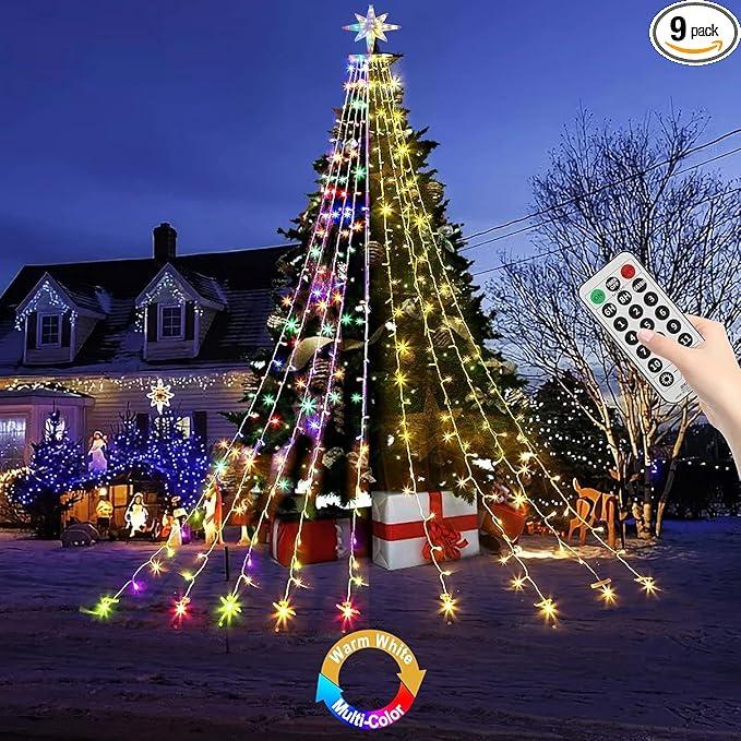 Christmas Decorations Star String Lights, 320 LEDs Outdoor Waterfall Tree Lights with 13" Topper Star, Plug in Waterproof Hanging Fairy Lights for Xmas New Year Holiday Party Yard Patio Decor