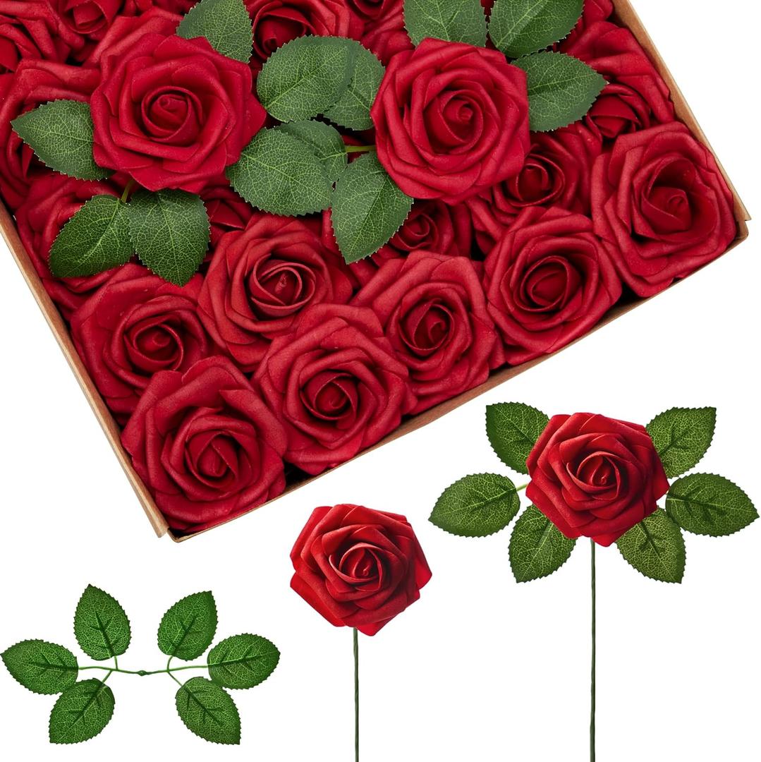 InnoGear Artificial Flowers, 100 Pcs Dark Red Foam Fake Roses Bulk with Stems for Decoration DIY Wedding Bouquets Centerpieces Bridal Shower Party Christmas Tree