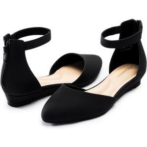 Women Flat Shoes with Ankle Strap, Low Wedge Heel Flats for Women, Comfortable Pointed Toe Dress Shoes for Work Business Wedding (10, Black Nubuck)