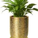 Indoor Plant Pot 8 Inch - Ceramic Planter for Indoor Outdoor Flowers, Round Modern Flower Pot with Drainage Hole and Saucer, Gifts for Plants Lovers, Garden Room Decor, Gold