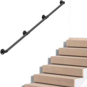 Industrial Pipe Stair Handrail, Wall-Mounted Metal Hand Rail for Indoor & Outdoor Steps, Black Galvanized Iron, Vintage Farmhouse Style, Heavy Duty Support for Stairs & Porch (Black, 7ft)