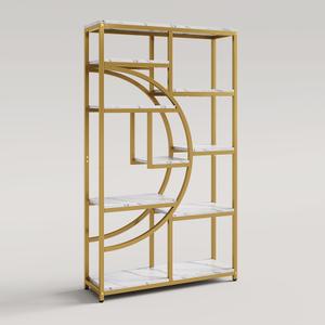 Tribesigns Bookshelf Industrial 5 Tier Etagere Bookcase, Freestanding Tall Bookshelves Display Shelf Storage Organizer with 9-Open Storage Shelf for Living Room, Bedroom, Color: White Marbling and Gold