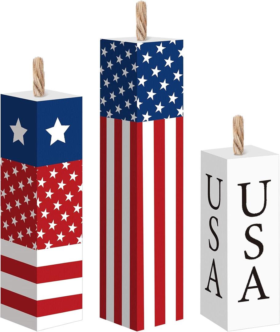 Amyhill 3 Pcs 4th of July Wooden Table Decorations Patriotic Table Centerpieces Independence Day Wood Firework Fourth of July Table Signs for Home Farmhouse Decor(Star)