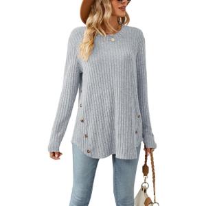 Lafural Womens Long Sleeve Tops Tunic Fall Shirts Women Sweaters Crew Neck Button (Gray, S)