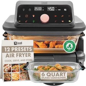 Livwell 6 Quart Glass Container Air Fryer with Pull-Out Drawer & Lid - Kitchen Gift - PFOA & PFAS-Free, 12 Presets, Dishwasher-Safe, Family-Sized One Dish Meal for Baking, Roasting & Crispy Frying