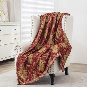 Loom and Mill Luxury Throw Blankets for Bed, Classic Damask Jacquard Bed Throws with Fringes Trim, Soft Lightweight Velvet Lined Fall Throw Blanket for Couch Sofa Chair (Red, 52x72)