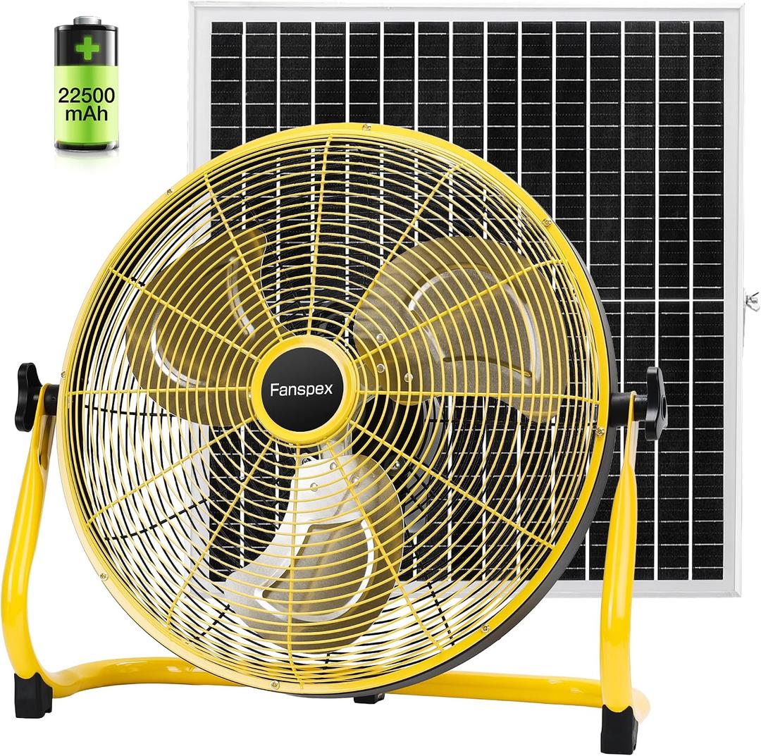 Fanspex 16" Solar Rechargeable Floor Fan for Outdoor, Large Battery Operated Fan with 35W Solar Panel Powered for Patio Gazebo Camping, 360° Tilt