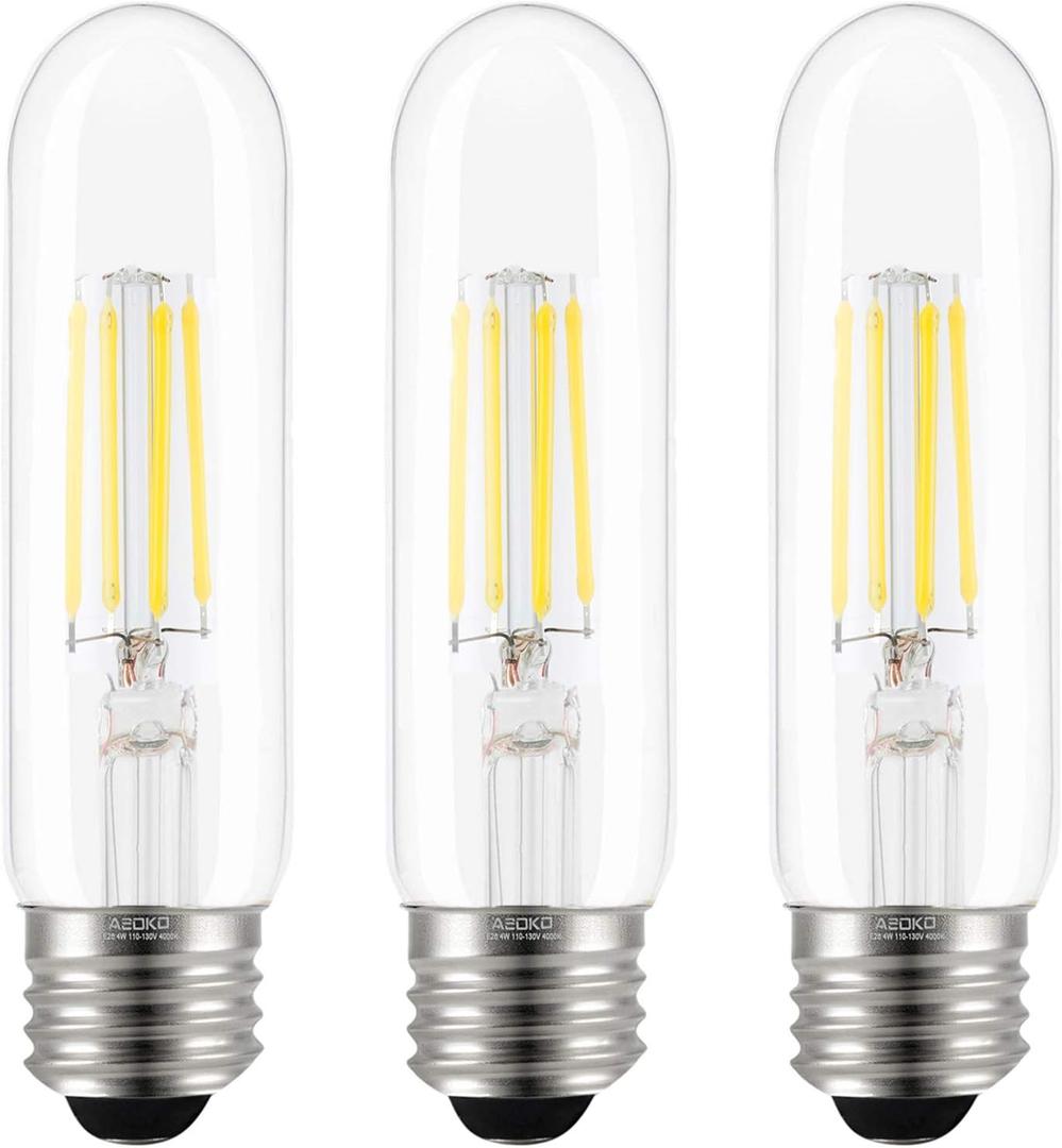 ASOKO Edison Bulb, T10 Daylight 4000K LED Tubular 4W Dimmable Tube Vintage Bulbs 40 Watt Equivalent,E26 Base(3-Pack)