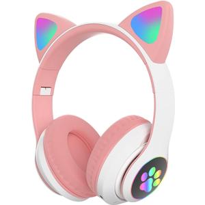 Kids Bluetooth Wireless Over-Ear Cat Ear Headphones with Microphone for Kids Teens Adults (Pink)