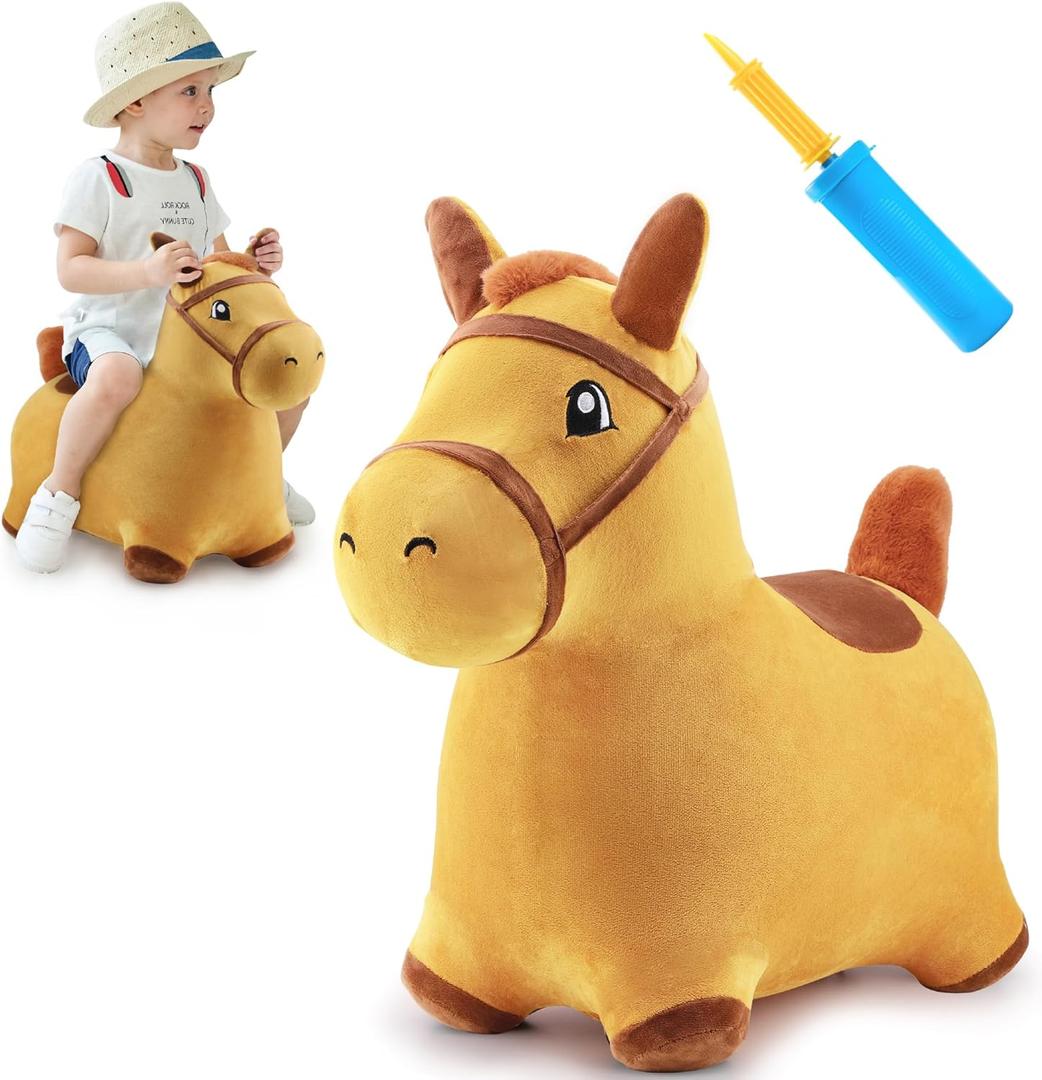 iPlay, iLearn Bouncy Pals Hopping Horse, Toddler Girl Boy Inflatable Bouncing Animal Hopper Toy, Outdoor Indoor Plush Ride on Bouncer, Baby Birthday Gift 18 Month 2 3 4 Year Old Kid  Horse