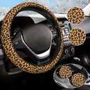 Leopard Steering Wheel Cover Anti-Slip and Practical 14.5-15 Inch Universal Car Steering Wheel Cover with 2 Pieces Car Coasters Suitable for Men Women (One Size)