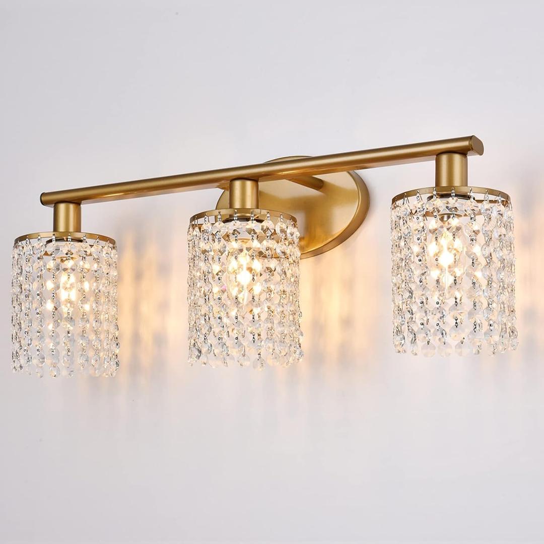 Gold Bathroom Light Fixtures, Crystal 3-Light Vanity Light, Modern Vanity Lights Over Mirror