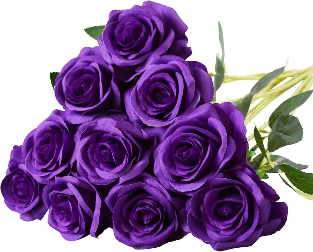 10 Pcs Purple Rose Artificial Flower, Faux Silk Flowers With Long Stems, Fake Roses Bulk Bouquet for Decoration Valentine's Day Centerpieces Proposal Bridal Bouquets Shower Party Home Floral Decor