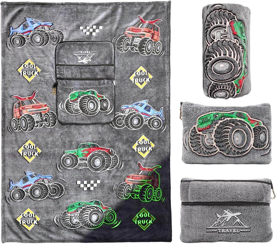 Truck Travel Blanket Pillow, Travel Blanket Airplane Compact with Bag, Pillow Blanket for Kids, Airplane Blanket for Long Flights, Plane & Car Travel Essentials, Glow in The Dark, Camping Outdoor