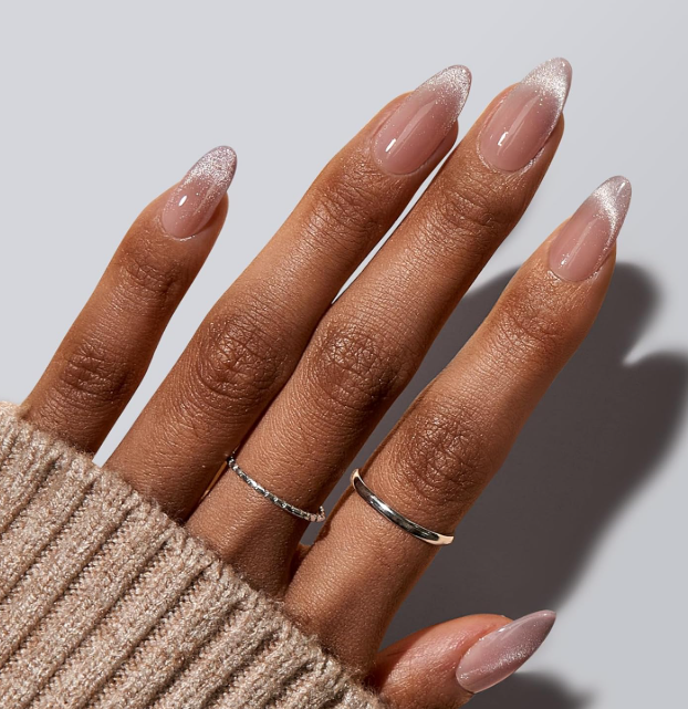 BTArtbox Press On Nails Almond  Medium Cat Eye French Tip Nails with Glue for Daily Nail Art, Fake Nail Extensions In 15 Sizes  30 Nail Kit, Liquid Radiance