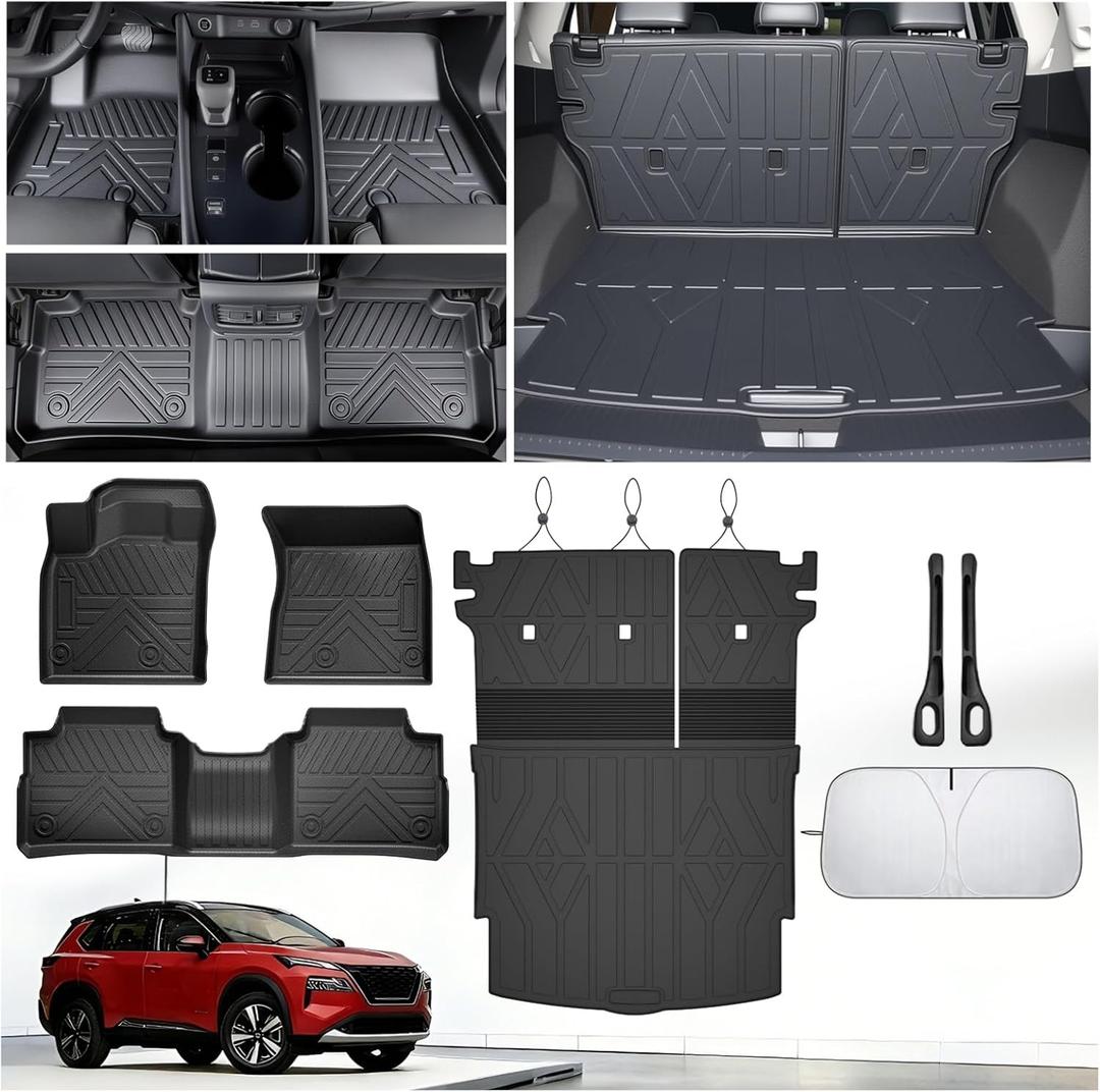 Floor Mats for Nissan Rogue 2021-2024 2025 2026(Not to Sport),All Weather Protection Custom Floor Mats Trunk Cargo and Car Windshield Cover Set for Nissan Rogue Accessories, Car Floor Liners Set