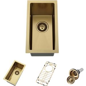 Gold Wet Bar Sink, 10 x 18 Inch Stainless Steel Small Undermount Kitchen Bar Sink 16 Gauge Single Bowl with Grid and Drain Strainer