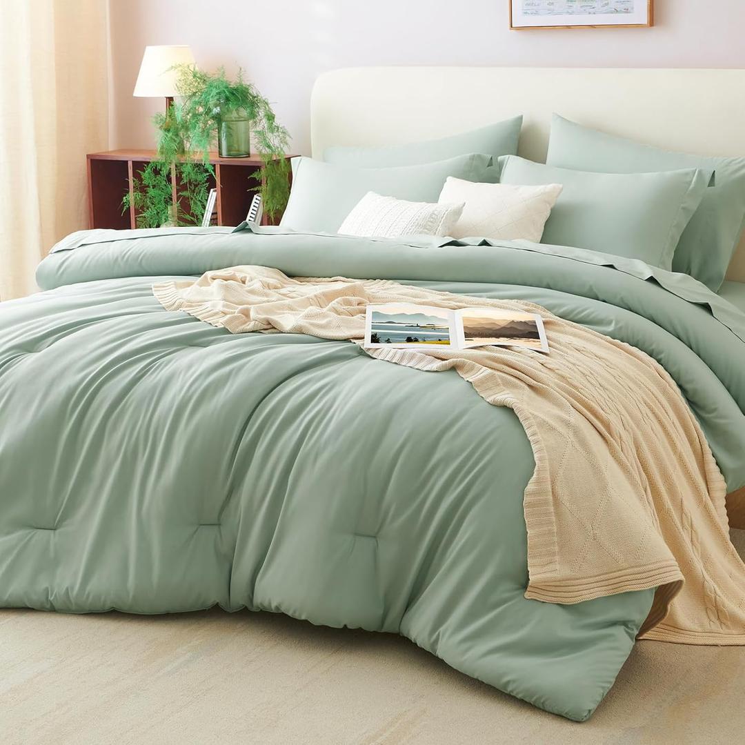 CozyLux California King Comforter Set Sage Green, 7 Pieces Cal King Bed in a Bag Bedding Comforter Set with Sheets, 7PC Bed Set with Comforter, Fitted Sheets, Flat Sheets, Pillow Shams and Pillowcases