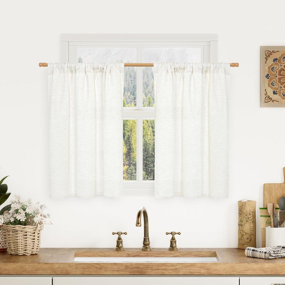 LAMIT Natural Linen Curtains 30 Inch Length for Kitchen Small Windows, Ivory Linen Textured Semi Sheer Panels Light Filtering Privacy Rod Pocket Drapes for RV Basement/Cafe, 2 Panels, 29 x 30 Inch