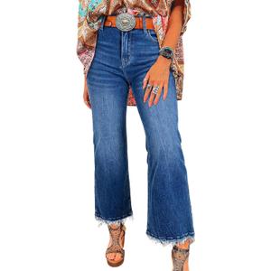 Astylish Womens High Waisted Jeans Stretchy Flared Straight Leg Loose Trendy Raw Hem Denim Pants (Blue), Size 10
