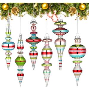 Soulchen 6 Pcs 6.3 Inch Glass Finial Christmas Ornaments Silver Drop Hanging Christmas Tree Hanging Ornament Vintage Finials Glass Assorted Mercury Decor for Xmas Tree Party Holiday Decoration
