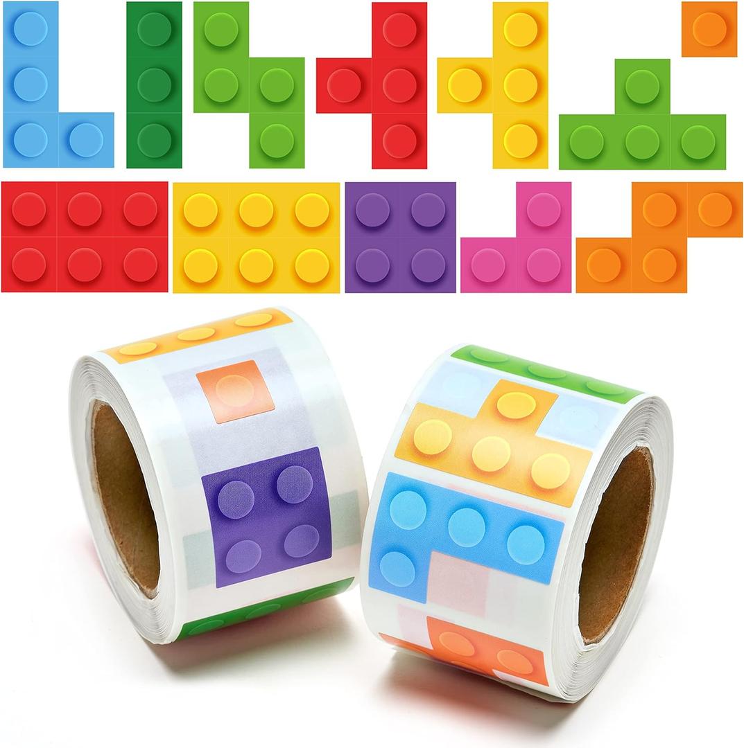 1000Pcs Block Stickers for Kids, 2 Roll Assorted Bricks Paper Self Adhesive Decal Peel and Stick Removable Toy Brick Lover Gift Birthday Party Supplies Bulk Decor Game